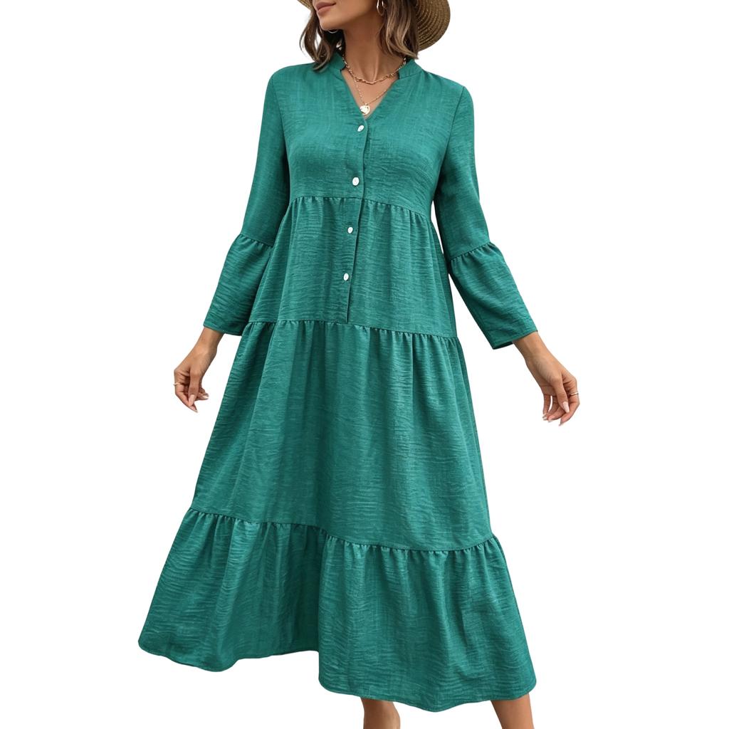 Damen Herbst Langarm Maxi Kleid V-Ausschnitt Aushöhlung Öse A-Linie Lang Lässig Partykleider