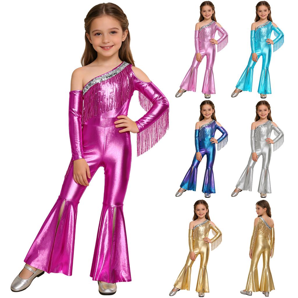 Girls Pageant & Stage Romper: Metallic Shiny Off Shoulder Jumpsuit with Sequin Tassels & Bell Bottom Legs for Disco