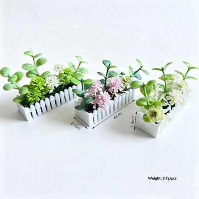 Mini Artificial Potted Flower Plants With White Fence Dollhouse Flower Potted Model Decor Dolls House Micro Landscape Ornament
