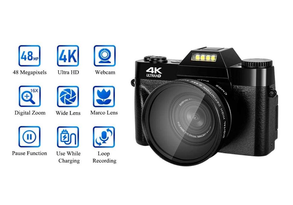 4K 48MP Digital Camera with Flip Screen & Wide-Angle Mirrorless LED