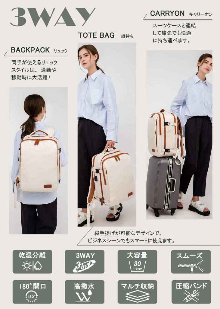 SUMOCMI Business Backpack, Large Capacity, for Men and Women, Travel Bag, Large Capacity, with Shoe Pocket, 3-Way, 180° Opening Design, Waterproof,