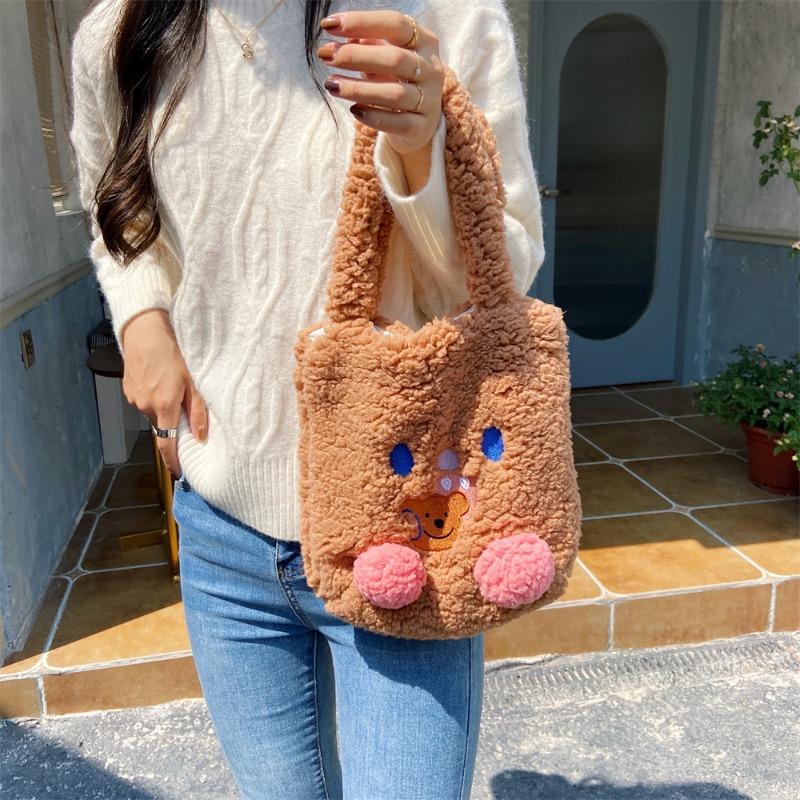 011 Plush Portable Cute Blush Bear Embroidered Cartoon Portable Shoulder Bag Hairy Handbag