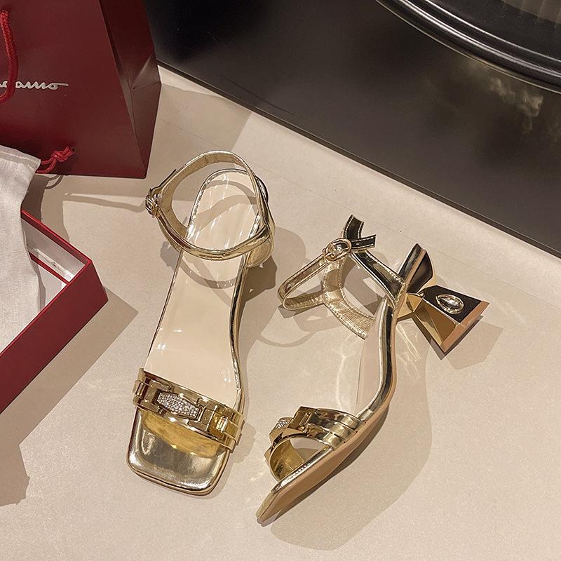 Leather Thick Heel Sandals Women's Summer New Mid-heel Fashion Rhinestone Versatile Skirt Temperament High Heels