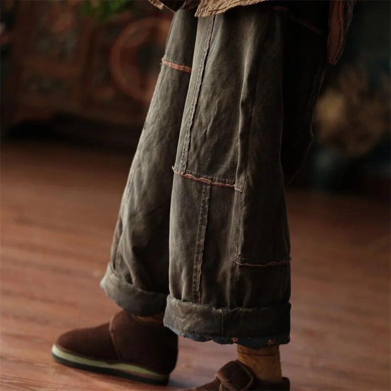 Johnature Women Vintage Plus Cotton Wide Leg Pants Green Warm Elastic Waist Winter Trouser Patchwork Loose Pants