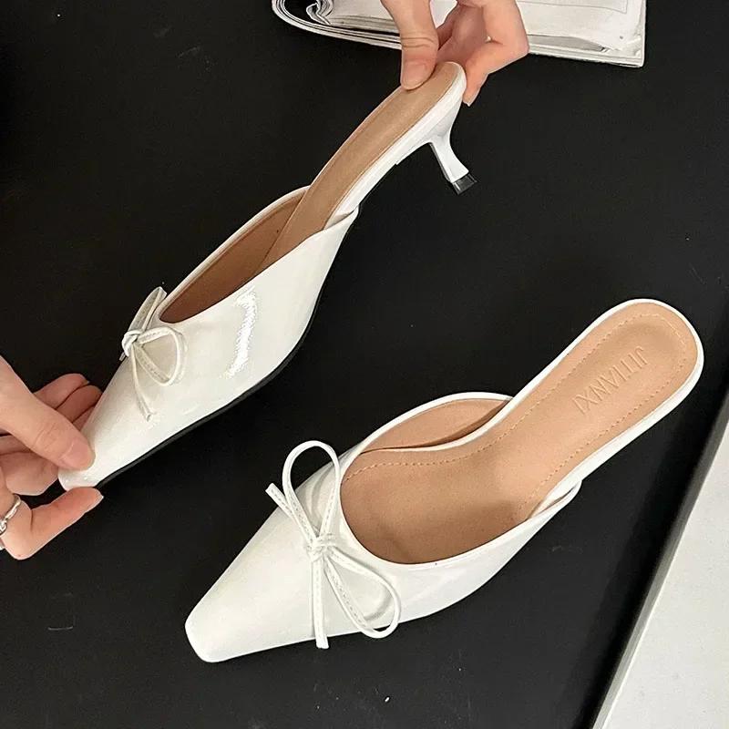Fashion Butterfly-Knot Ladies Thin Heels Shoes Pointed Toe Pumps Slides Footwear Women Medium Heels Female Slippers Mules