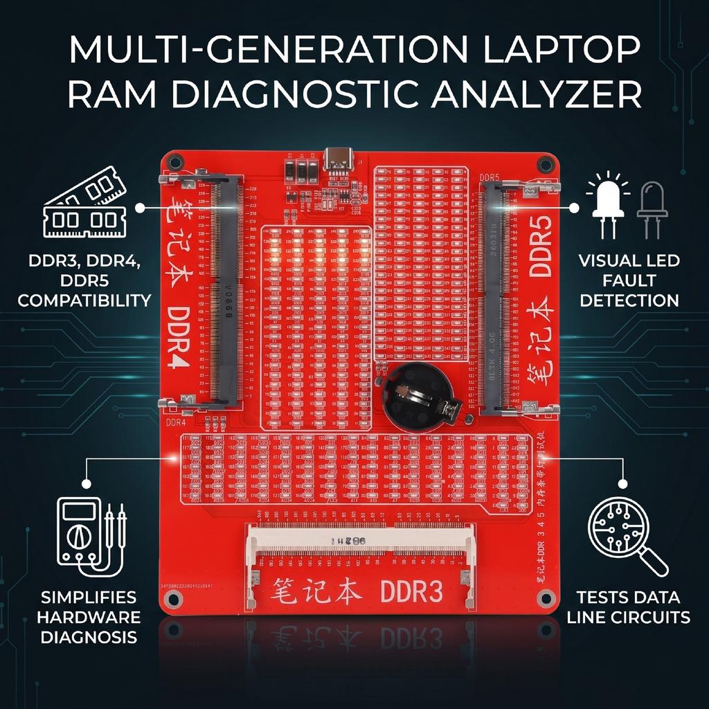 RAM Memory Tester DDR5 DDR4 DDR3 Diagnostic Analyzer Test Card with LED Light Indicator for Laptop Red