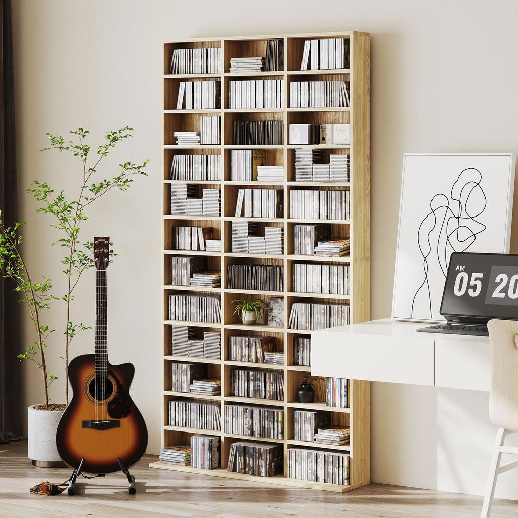 Meuble de rangement pour CD avec étagères réglables, 102 x 195 cm, Ton chêne