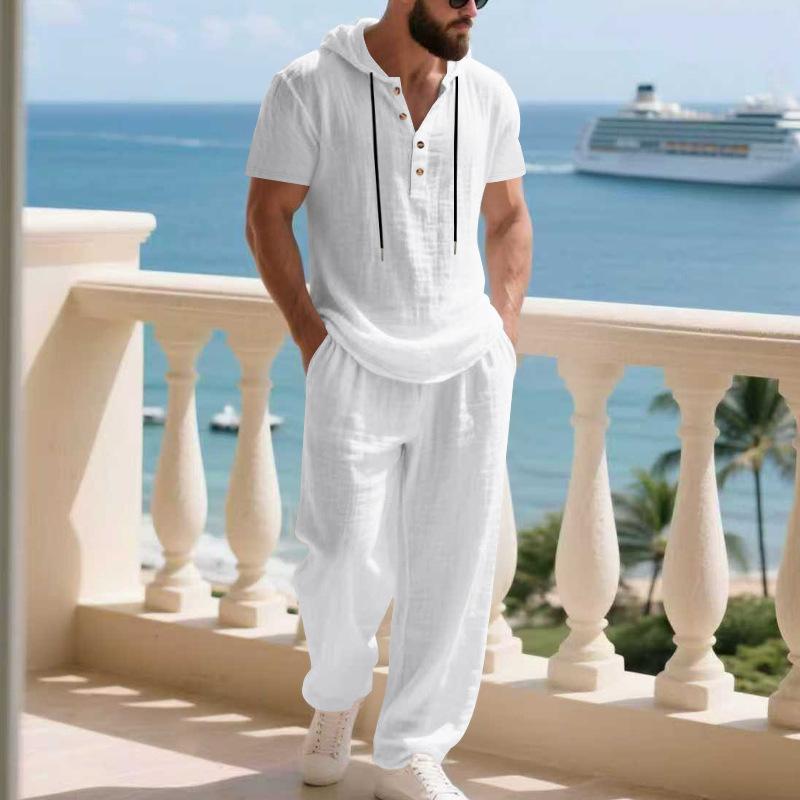 Men'S Casual Linen Hooded Shirt and Pants Set | Short Sleeve, Drawstring Waist, Non-Stretch, Solid White, Vacation Homewear with Woven Texture