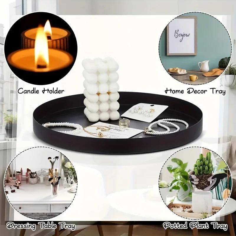 1Pc Modern Black Circular ABS Tray with Candle Holder