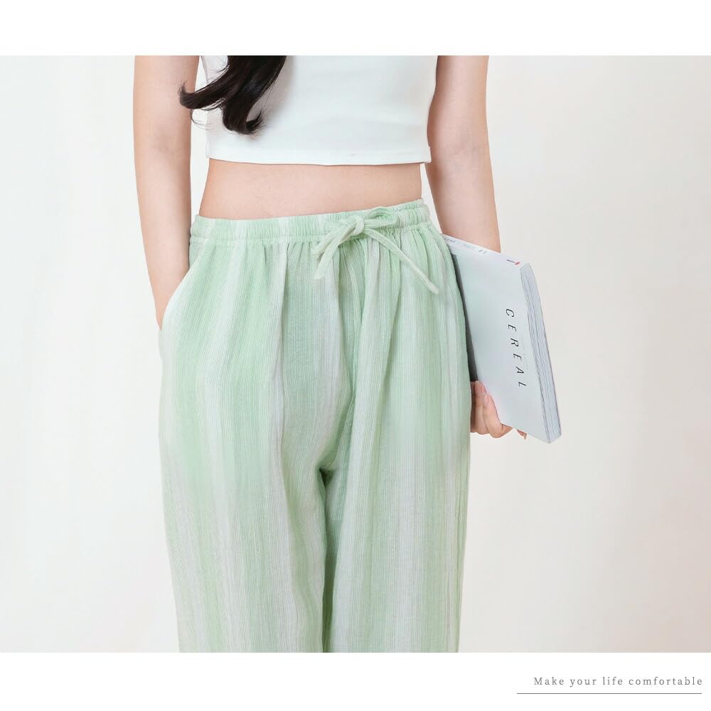 Yes Family Double Gauze Pajama Straight Striped Size Green Women's Pants, 100% Cotton, Fit, Pattern, M,
