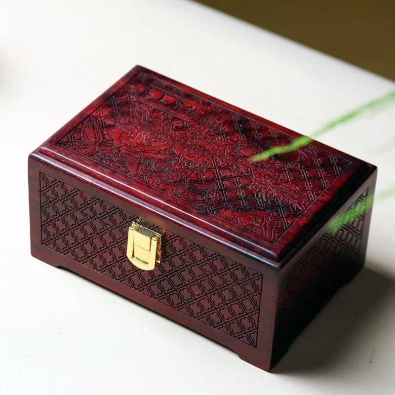 Радостное Выражение Палисандр и Грушевое Дерево Шкатулка для Украшений - Ретро Китайский Стиль Резная Массивная Деревянная Коробка для Хранения