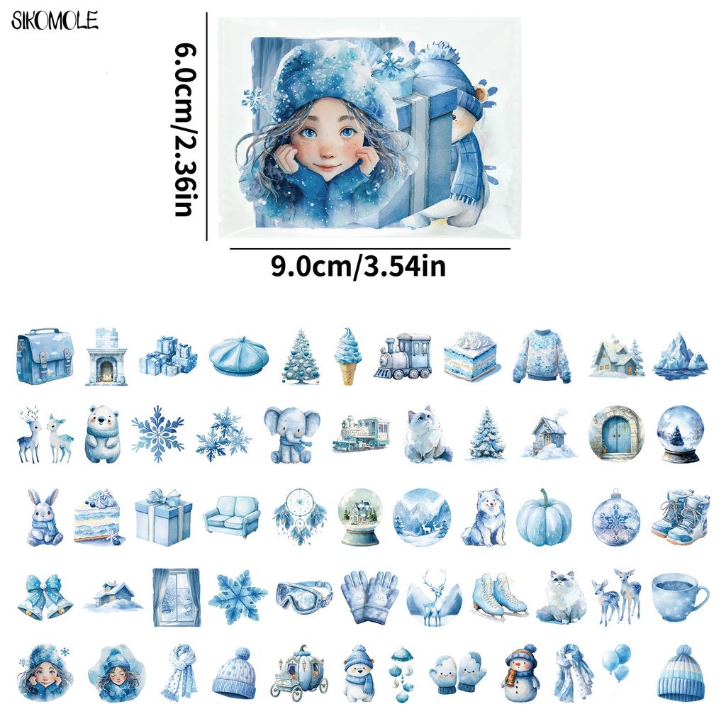 56pcs Transparent Cartoon Blue Winter Stickers Pack Waterproof PET Bookkeeping Material Decorative Car Notebook Graffiti Sticker
