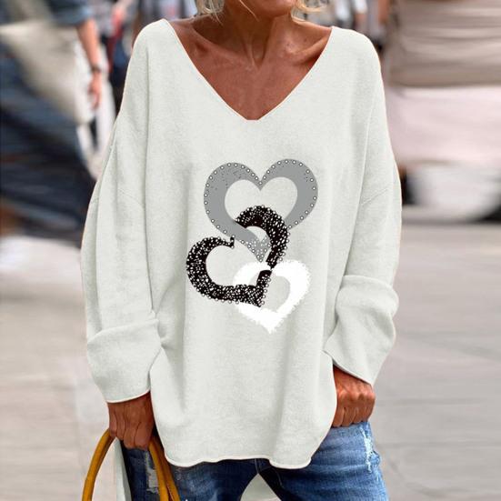 

Женская повседневная футболка с v-образным вырезом, пуловер с длинными рукавами, топы со стразами и сердечным узором, свободная футболка, уличная одежда