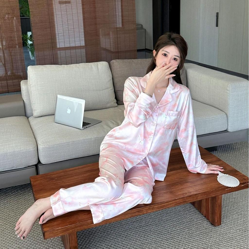 2025 Women's Ice Silk Tie-Dye Butterfly Pajama Set: Long Sleeve Top & Pants