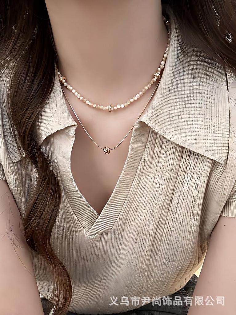 Sweet And Cool Style Light Luxury Niche Fashion Double-Layer Stacked Copper-Plated Real Gold Natural Stone Beaded Necklace Collarbone Chain