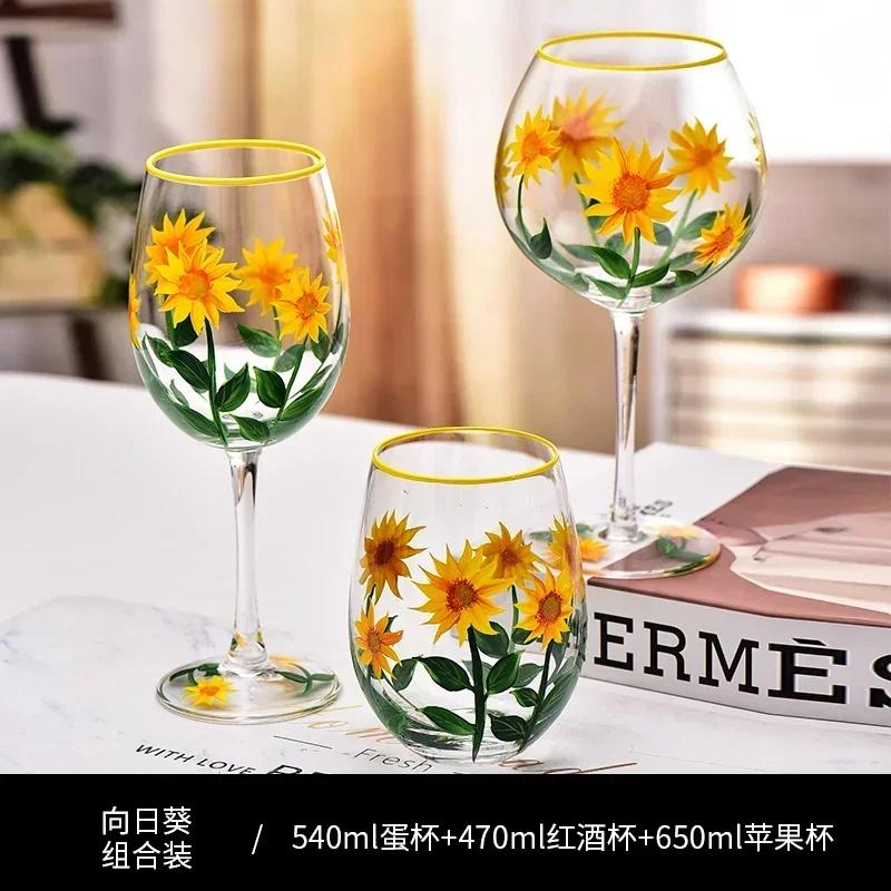 Hand Drawn Flower Patterned Crystal Glass Cup Festival Party Art High Feet Red Wine Cup Family Wine Glass Set Of Three Pieces