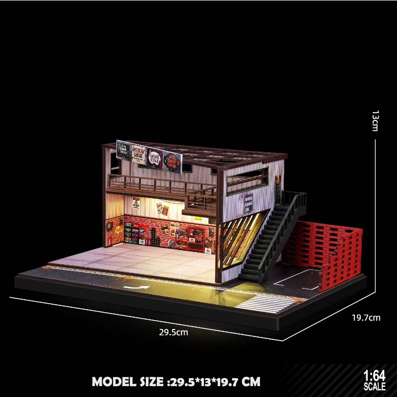 Simulation 1/64 Amerikanischer Stil Altes Lagerhaus Szene Miniatur Auto Reparatur Werkstatt Modell Zweistöckige Parkplatz Vitrine Mit Lichtern