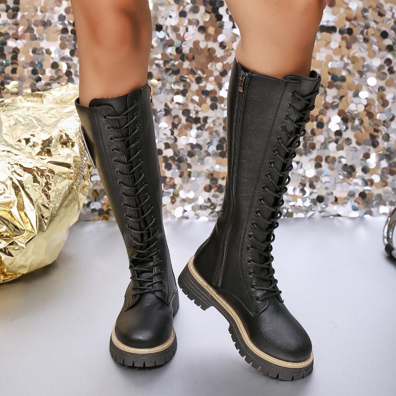 Plus Size Knight Boots Women's Winter 2025 New Round Toe Platform British Style Chain No More Than Knee Boots