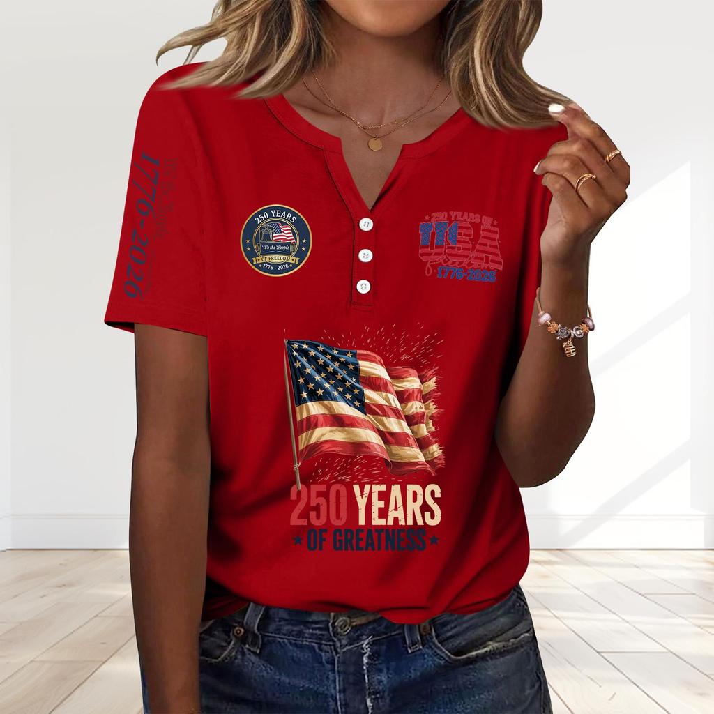 Women's Fashion Casual 250th Anniversary Independence Day Print V-Neck Short Sleeve Decorated Button-Up T-Shirt
