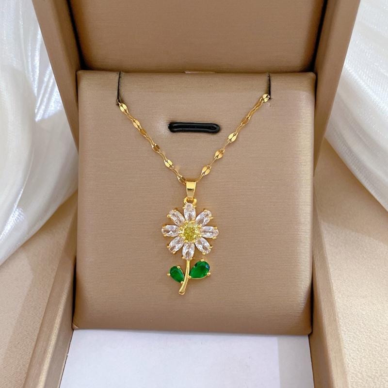 Gold Plated Sunflower Necklace for Women Jewelry Stainless Steel Zircon Big Pendant Necklace Luxury Choker Korea Style