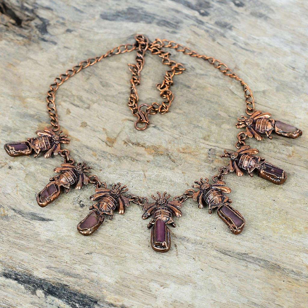 Pink tourmaline rough necklace electroformed copper necklace adjustable chain necklace honey bee necklace natural gemstone handmade jewelry