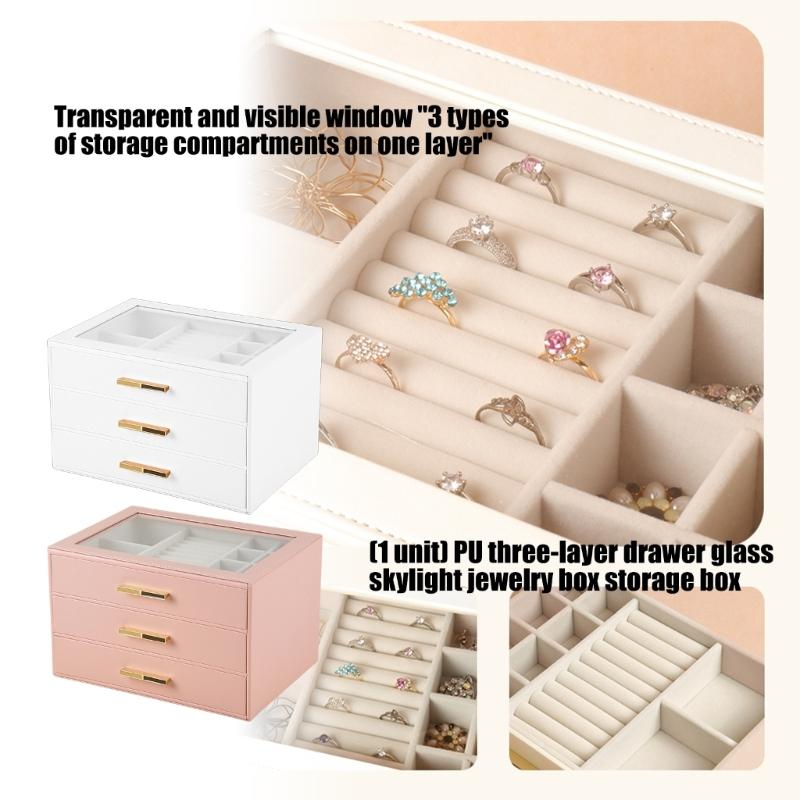 Jewelry Storage Box with Three Compartments Glass Access Lid PU Materials Cover Soft Velvets Cushioning