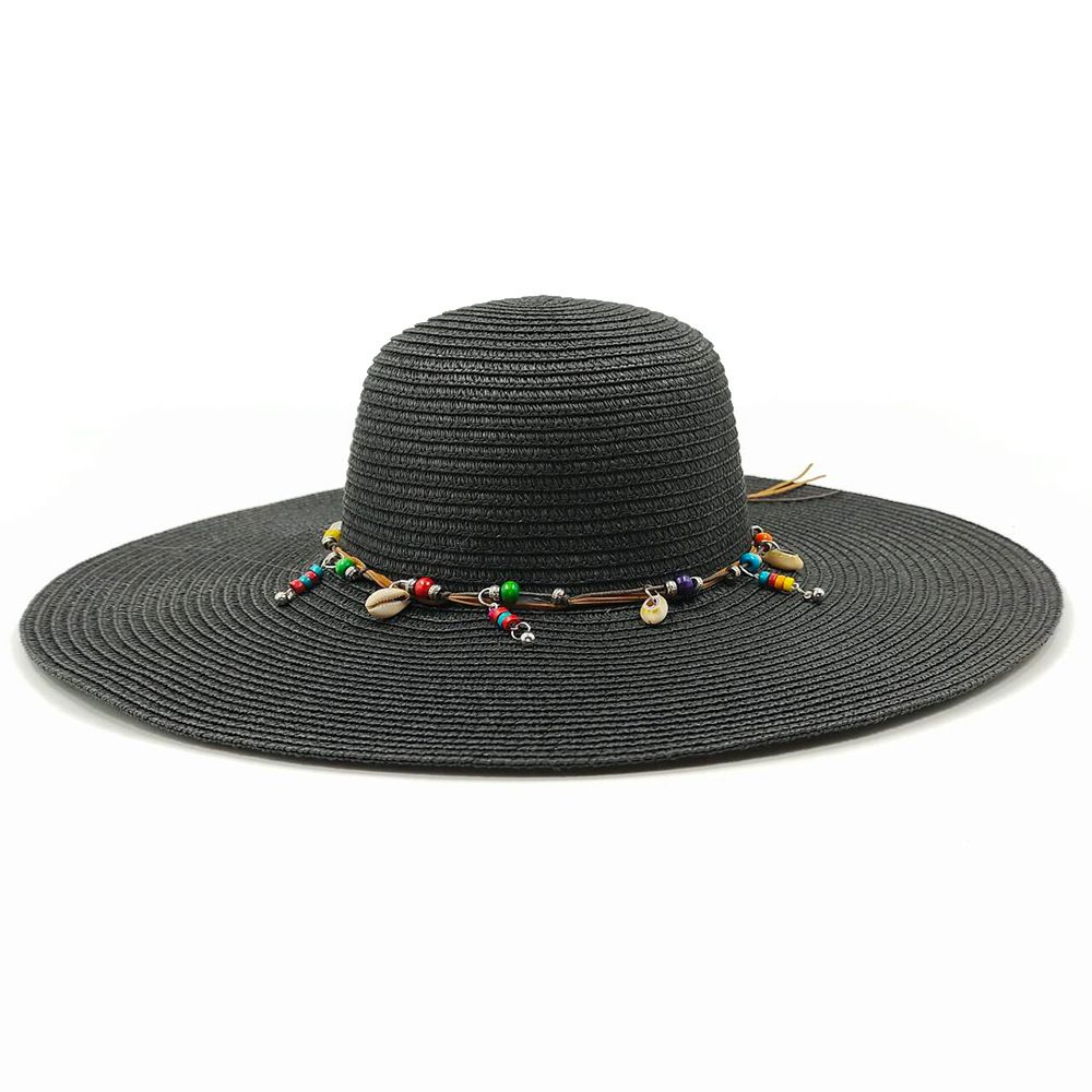 Ladies' Summer Straw Hat 13CM Large Brimmed Beach Hat Sunshade Hat Outdoor Beach Travel Hat Foldable