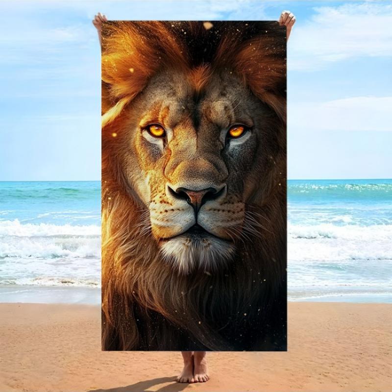 

1pc Extra Large Lion Face Bath & Beach Towel Soft Quick-Dry Microfiber Bath Sheet with Majestic Lion Head Portrait, Golden-Brown W30*H60(CM)