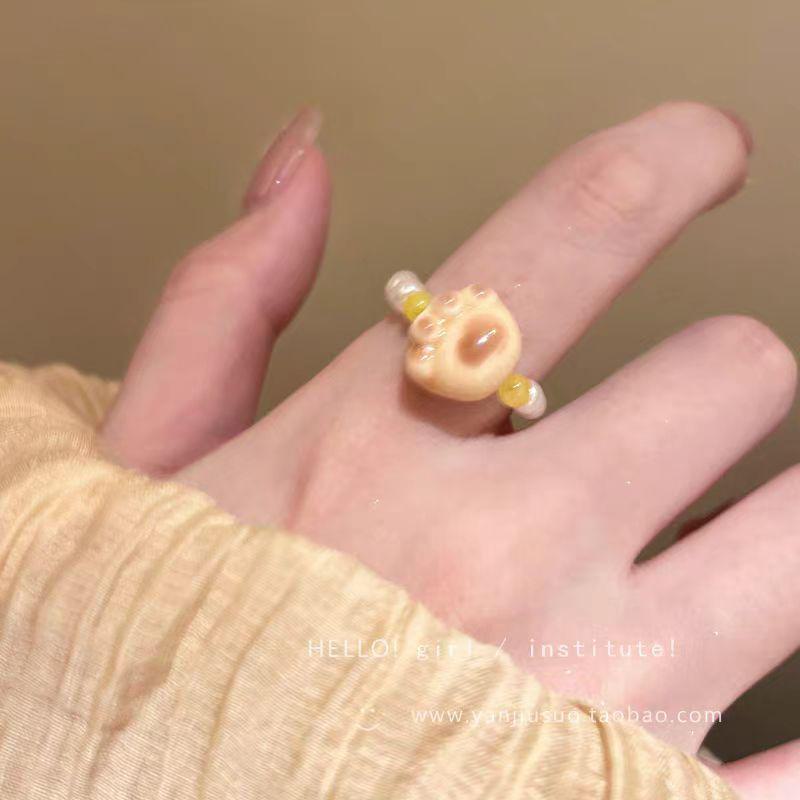 Cute Cartoon Bread Cat Claw Pearl Ring - Unique, Sweet Design for Women, Adjustable Index Finger Accessory