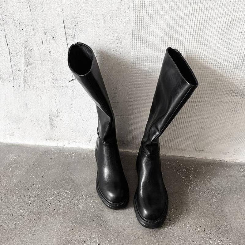 Autumn and Winter Medium Heel Large Size Knight Boots Women's Solid Color Sleeve Large Tube Circumference Women's Boots Thick-soled Versatile Cowhide