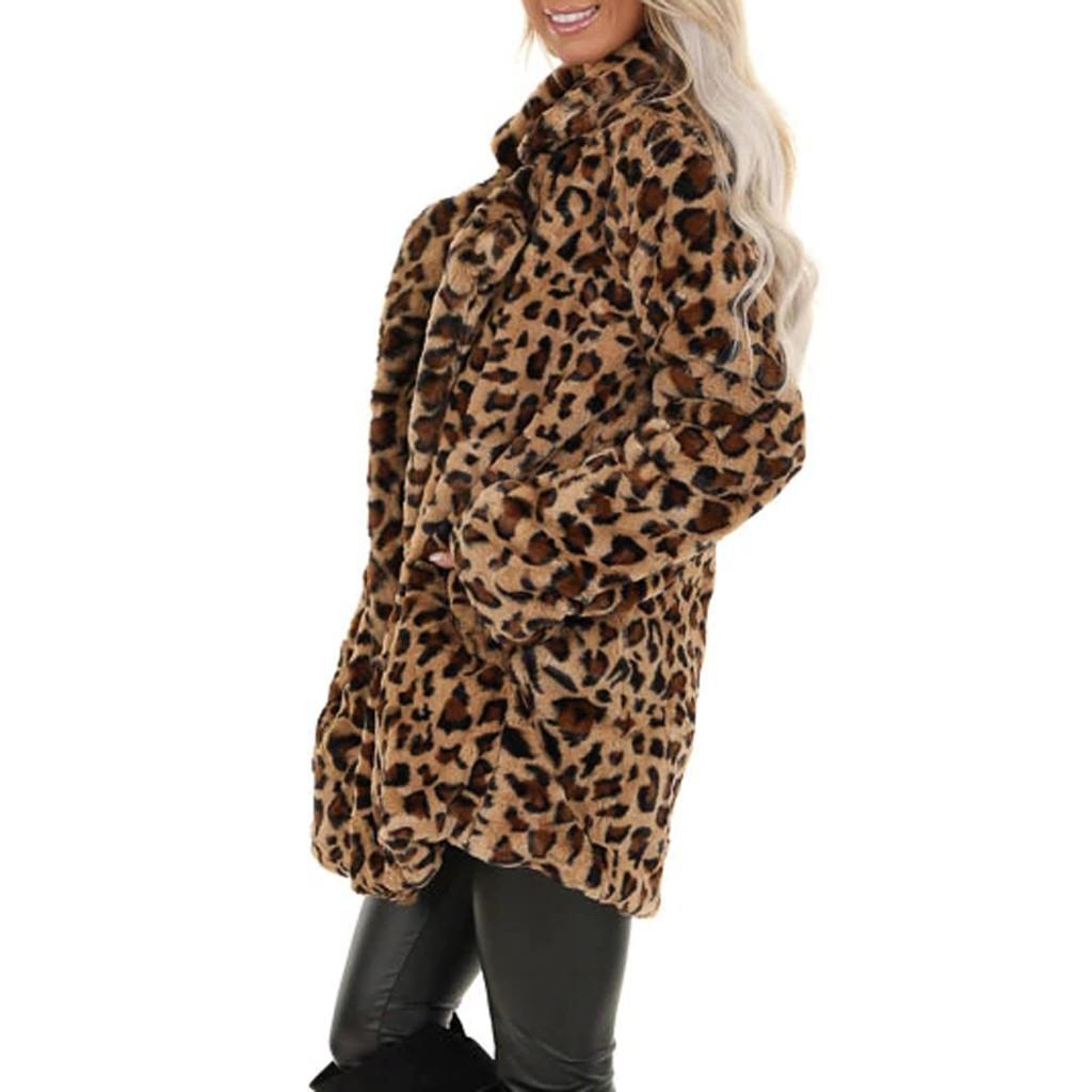 Women's Leopard Faux  Pocket Fuzzy Warm Winter Oversized Outwear Long Coat