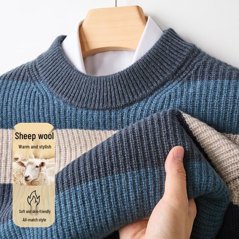 

Jinjuan Men s 100% Pure Wool Striped Color-Block Knit Sweater 3XL