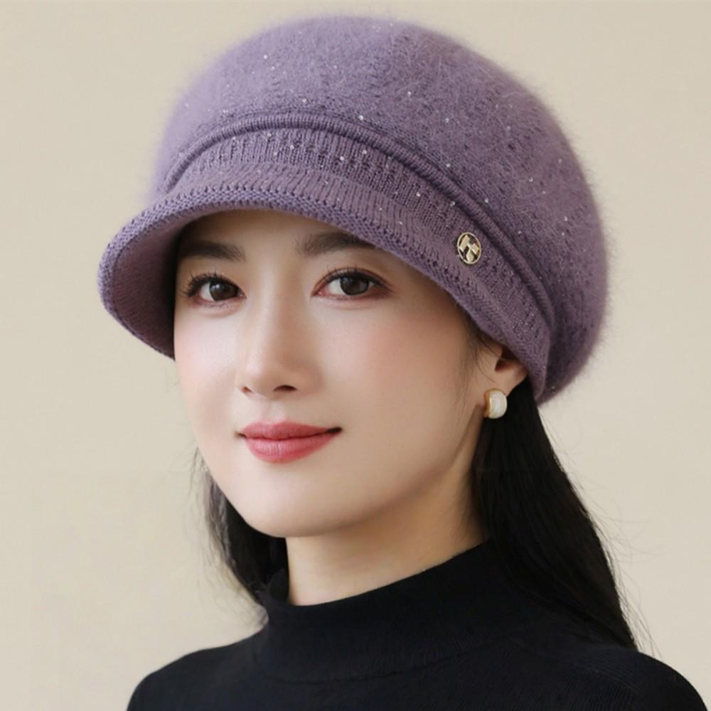 New Women Fashion Winter Warm Hat K Letter Plush Fur Lined Warm Hats For Women Casual Rabbit Fur Blend Outdoor Dandy Knitted Cap