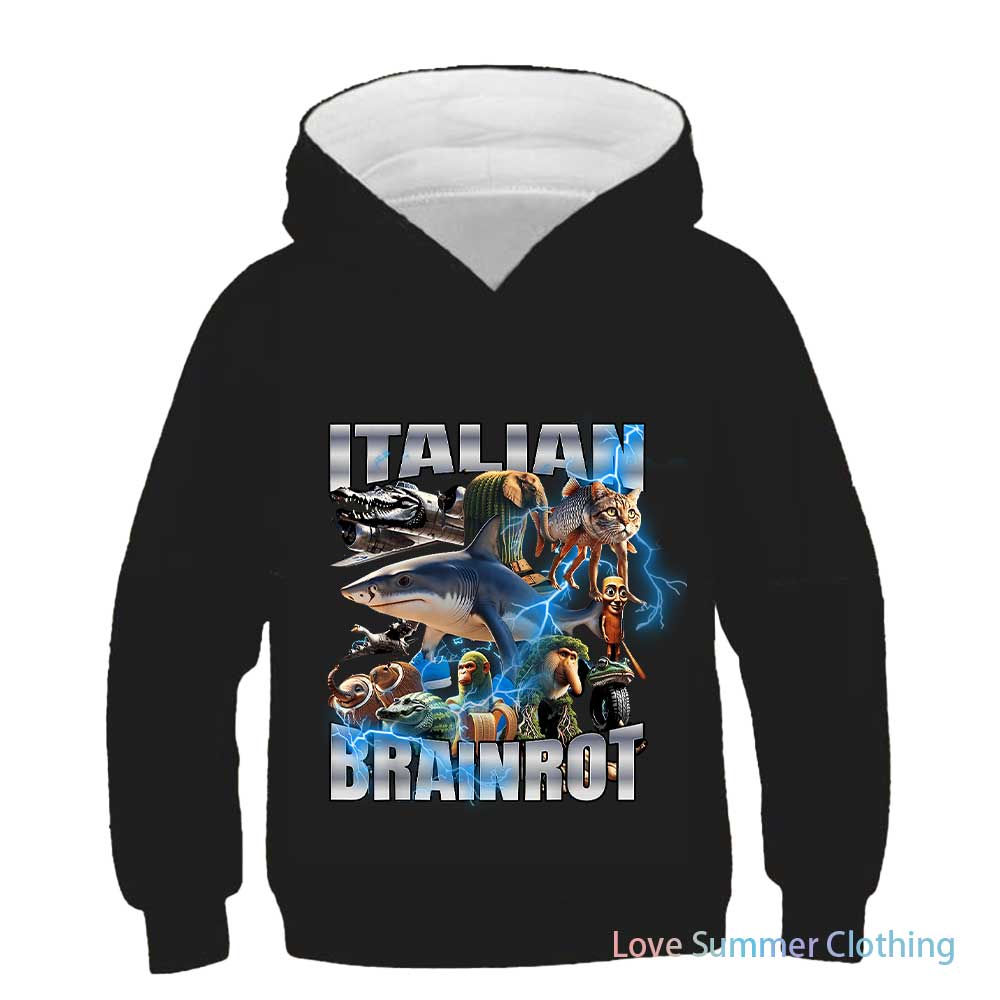 2025 Italian Brainrot Funny Kids Hoodie Boy’s Tralalero Tralala Tung Tung Sahur Bombardiro Crocodilo Brr Brr Cappuccino Hoodie