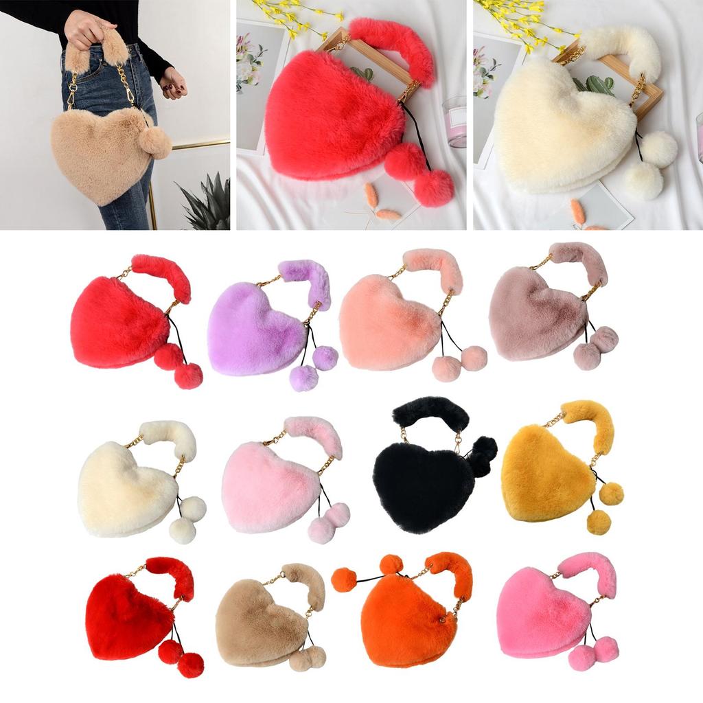 Women's Heart Shaped Faux Fur Wallet Purse Chain Shoulder Bag Winter Tote Purse Messenger Satchel