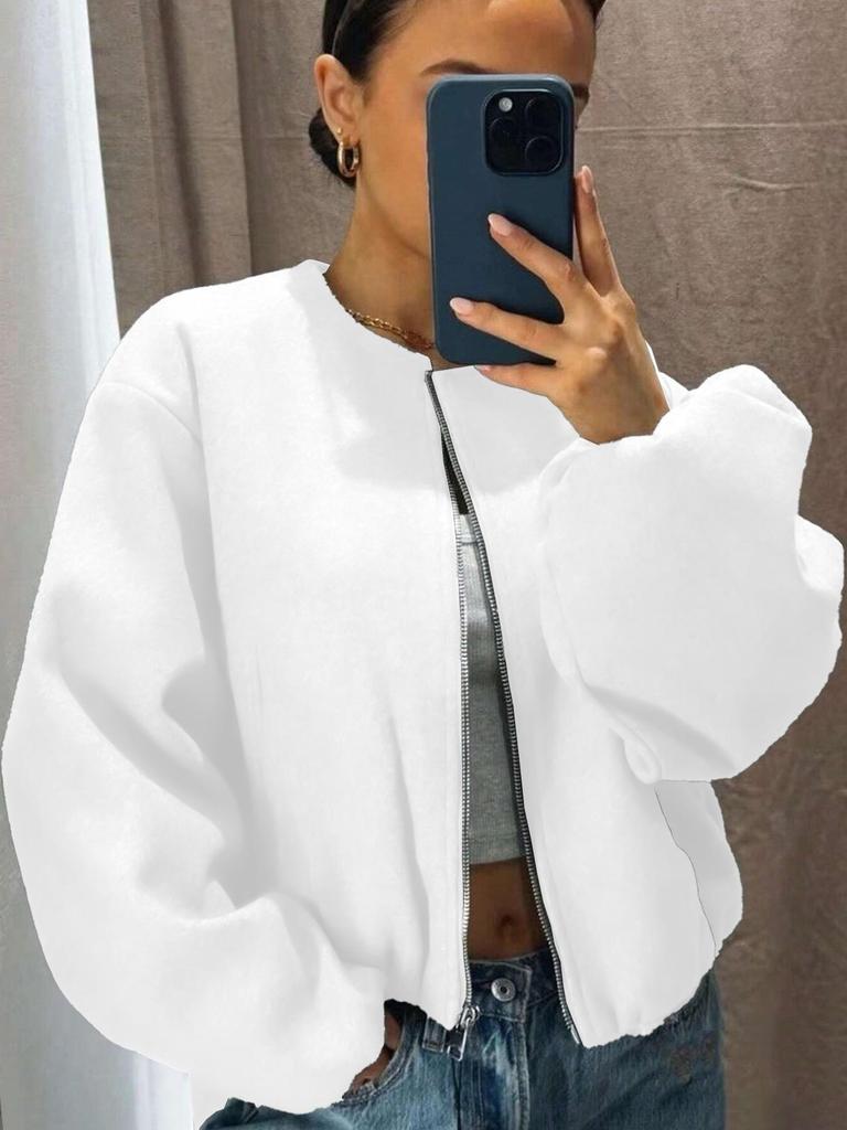 Women's Autumn/Winter Bomber Jacket - Round Neck, Drop Shoulder, Lantern Sleeve, Street Style Zip Cardigan