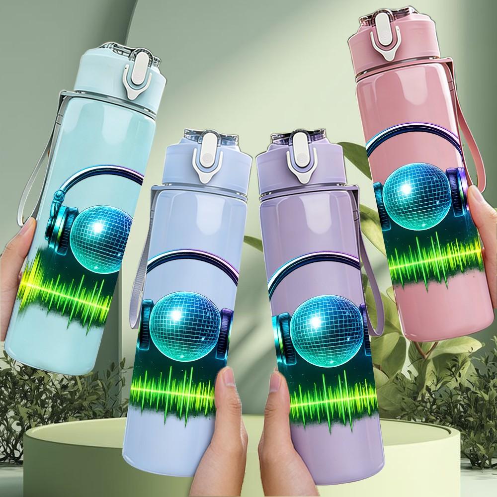 1PC Headphone Music Wave Sound Print 750ml Color Plastic Sports Water Bottle Leakproof Flip Straw Lid Suitable for Sports Office Home Use