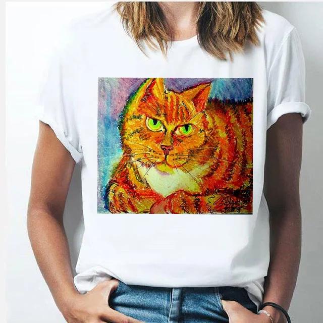 Oil Painting Cat Women's Fashion Personality Spoof Classic Oil Painting T-shirt Women Clothing Tops Harajuku Aesthetic Oversized