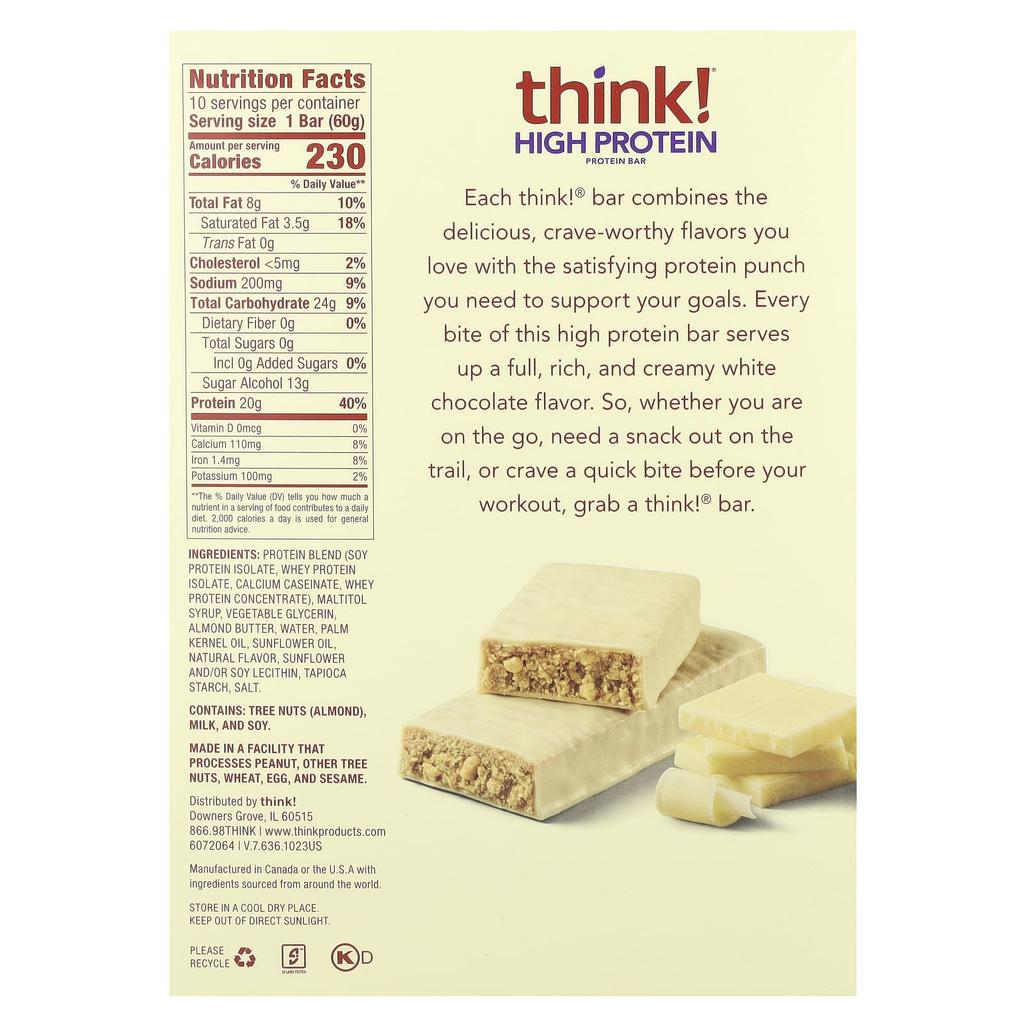 Think!, High Protein Bar, White Chocolate, 10 Bars, 60 G (2.1 Oz) Each