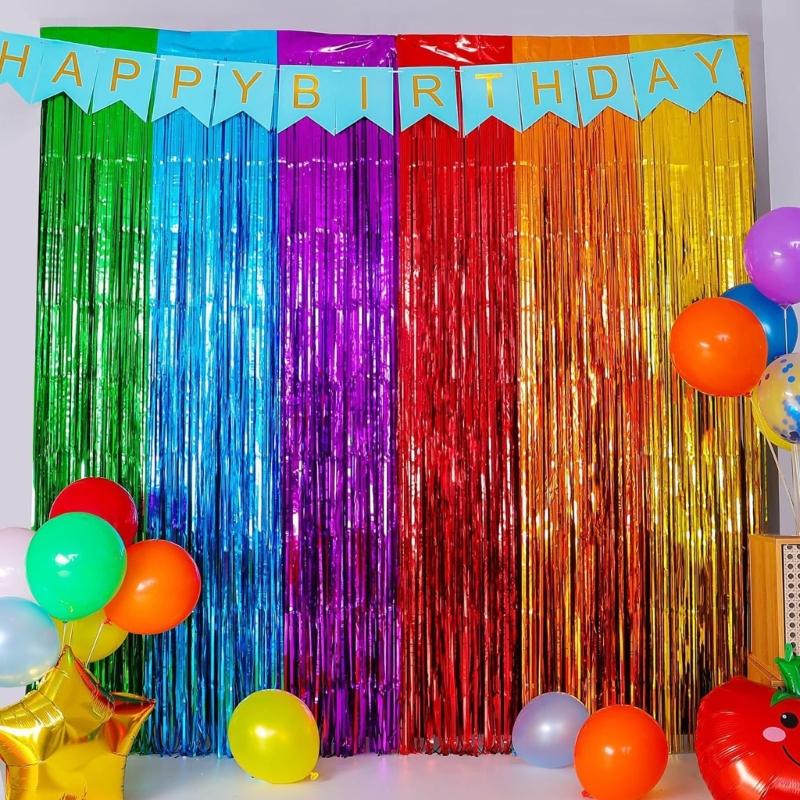 6Pcs Rainbow Photo Backdrop Hanging Streamers For Festival Event And Celebration Foils Fringes Tinsel Curtains