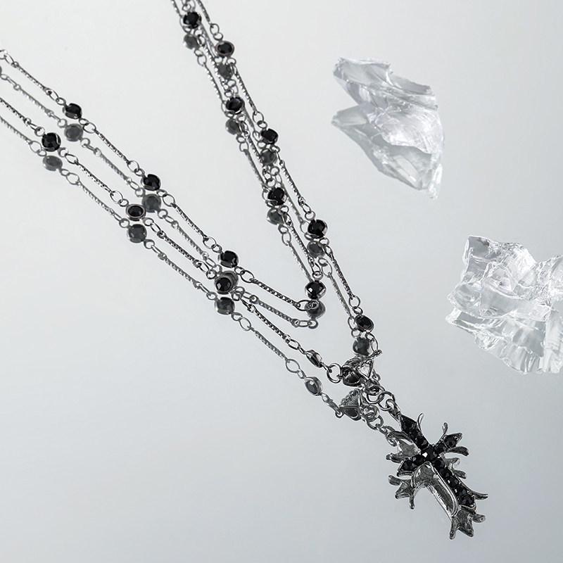 Women's Luxurious Black Cross Pendant Layered Collarbone Necklace - High-End Design