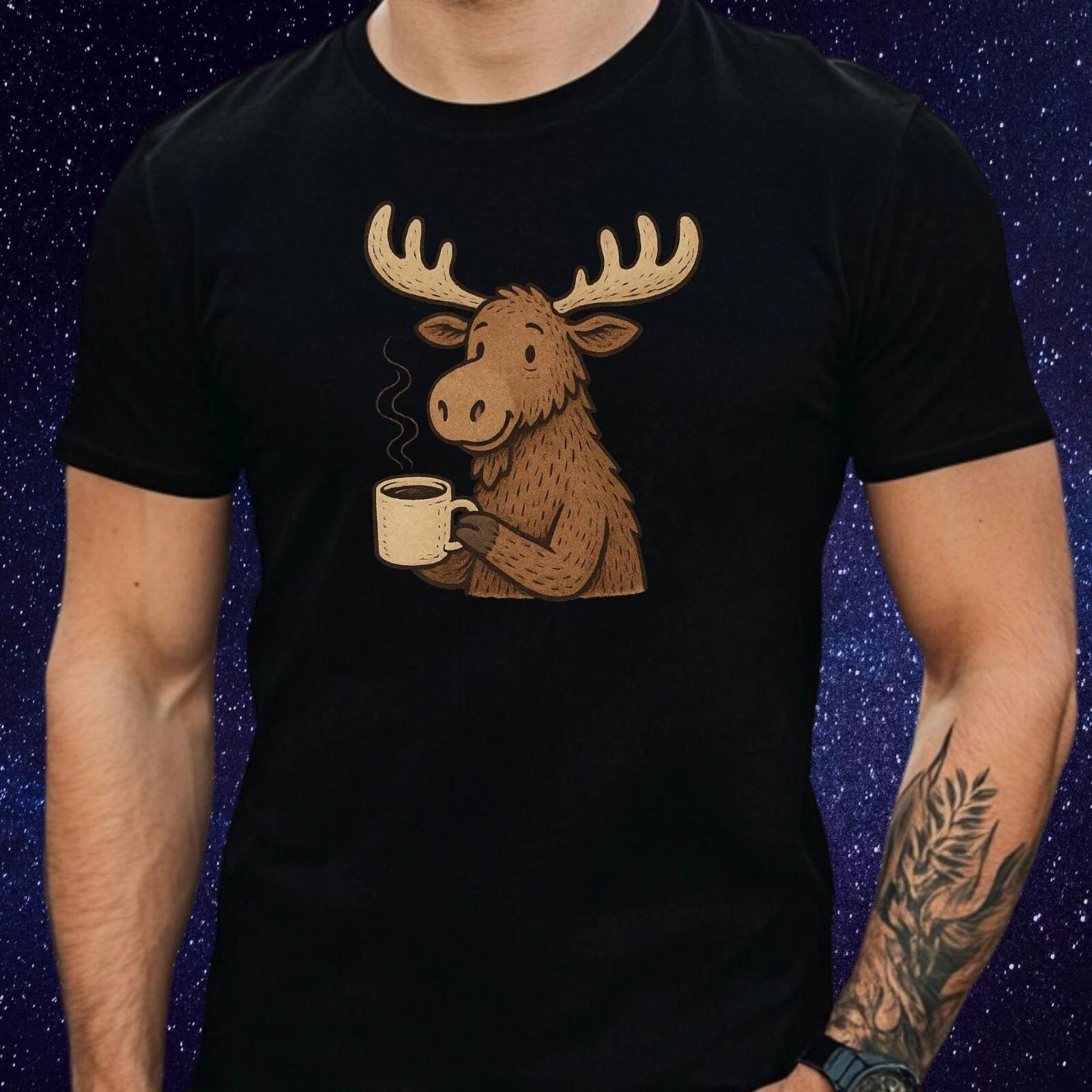 T-Shirt Herren Elch trinkt Kaffee Motiv Baumwolle Größe S bis 5XL XXXXL