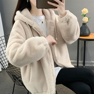 Dicker und warmer mittellanger Lammwollmantel mit Kapuze im Faux-Lazy-Stil für Damen