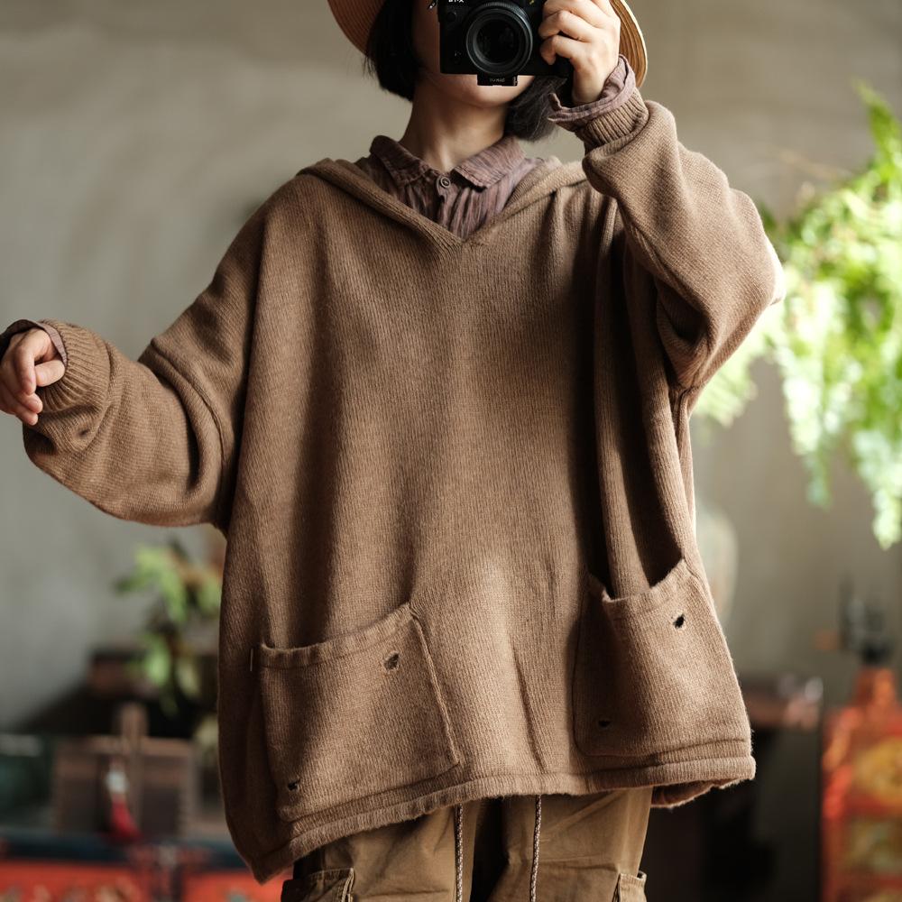 

Johnature Женские пуловеры с капюшоном, однотонные вязаные осенние, пэчворк, с карманами, мягкие свитера One Size кофейный