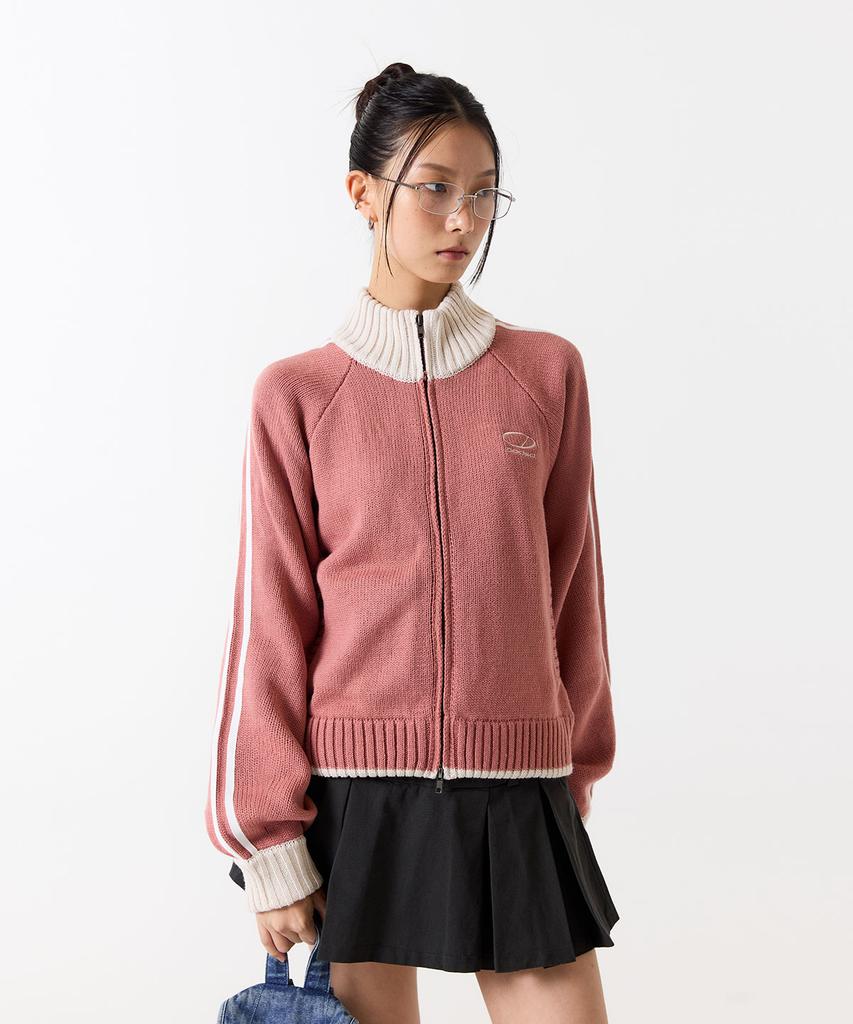 ODDSTUDIO Sporty Track Semi-Crop Knit Zip-Up - Pink
