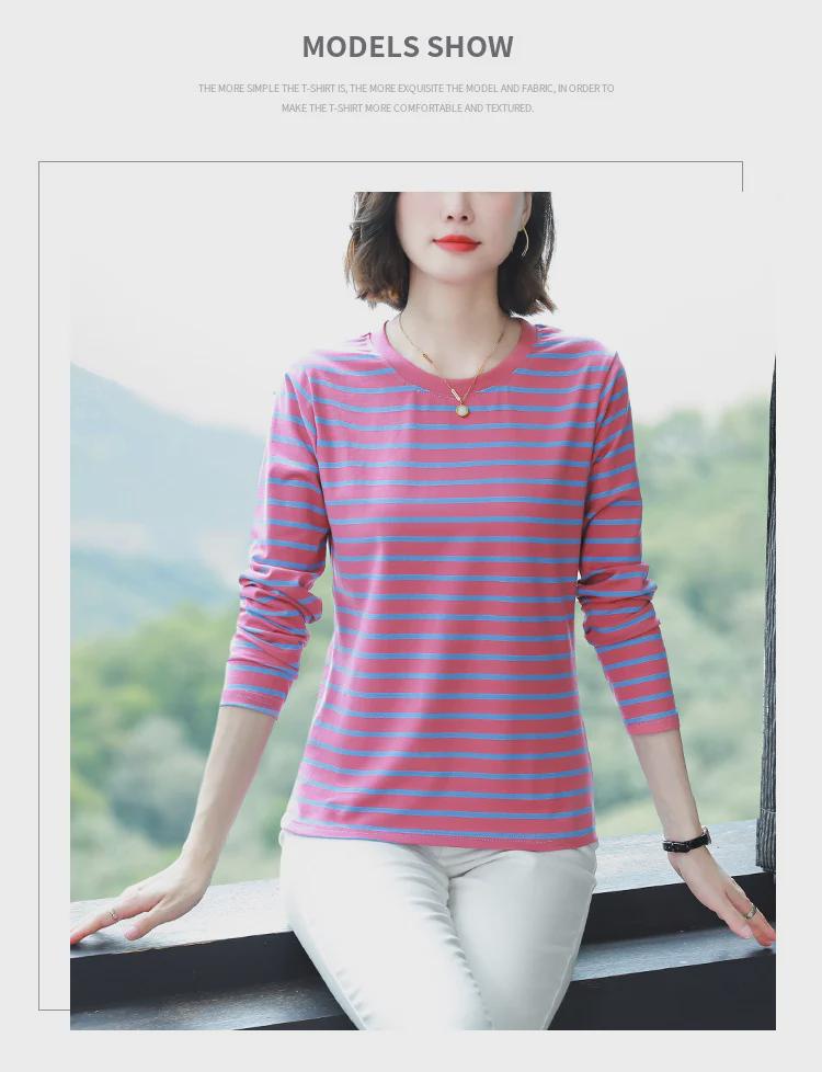 Plus Size Loose-Fit Cotton Striped Long-Sleeve T-Shirt for Middle-Aged & Elderly Women