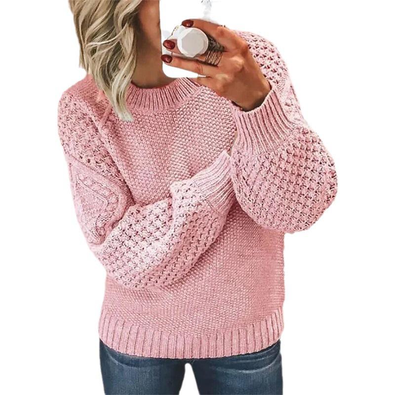 Women's Long-Sleeve Round Neck Cable Knit Pullover Sweater – European & American Fashion