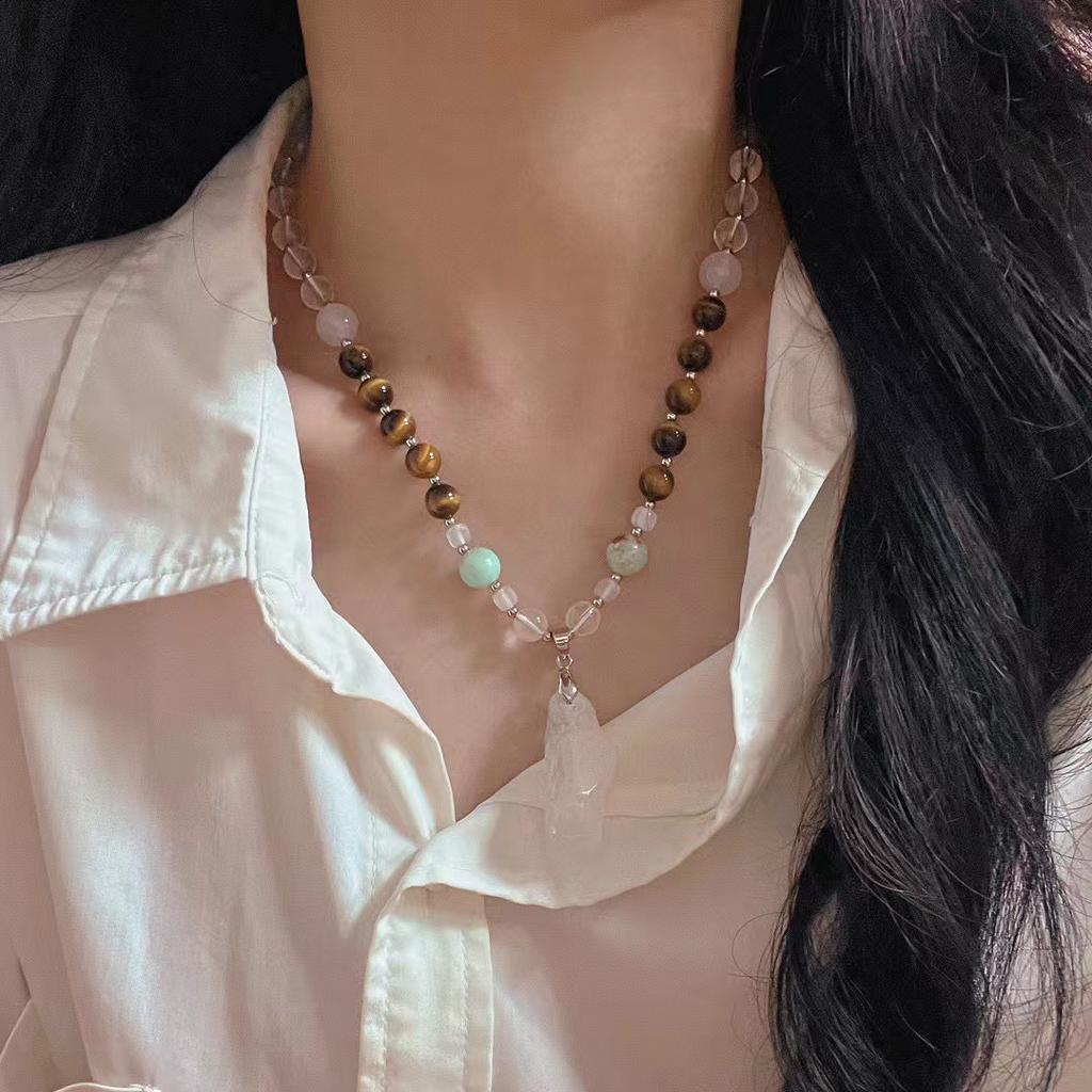 Retro High-Quality Natural White Chalcedony White Crystal Tiger'S Eye Sweater Chain Necklace, New Autumn And Winter Models, Batch