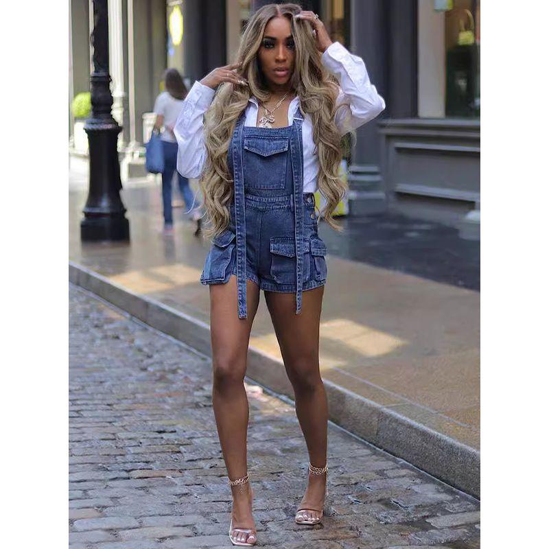 Cowboy Overalls, Loose Workwear Shorts Denim Suspenders Loose Cargo Shorts