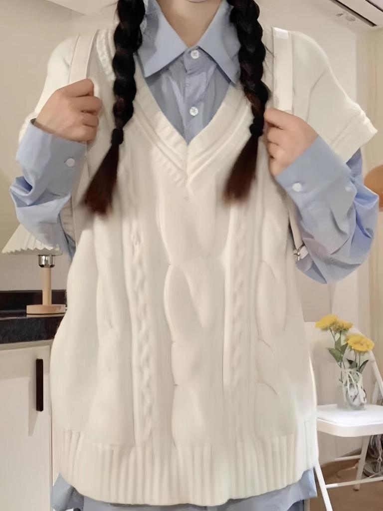 Korean Preppy White Sweater Vest & Shirt Set - Women's High-End Knitted Two-Piece for Spring & Autumn